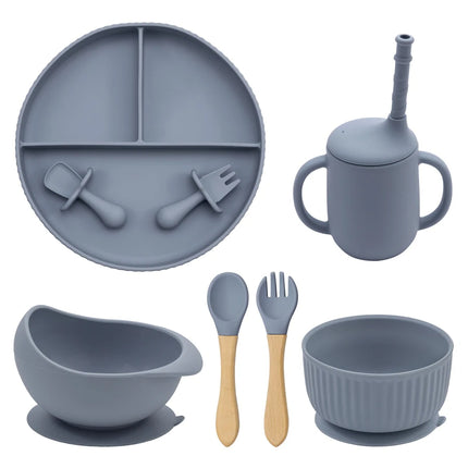 Baby Silicone Cookware Feeding Plate Bowl Set Non-Slip Suction Food Dishes Drinking Cup BPA Free Fork Spoon Children's Tableware