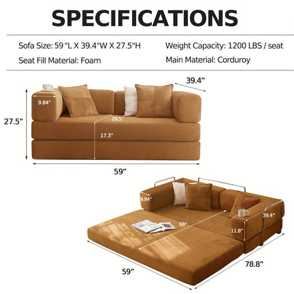 Sofa Bed | Convertible Floor Boneless Couch with Comfy Pillow, Modular Modern Corduroy Sofa