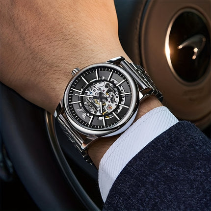 Men'S Luxury Mechanical Watch with Automatic Movement - Elegant Black Dial & Stainless Steel Strap