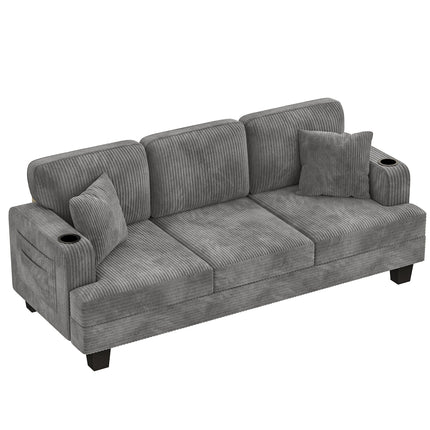 Sofa Couch 84" 3-Seater with 2 Pillows, Cup Holders & Side Pockets - Space-Saving Grey Foam