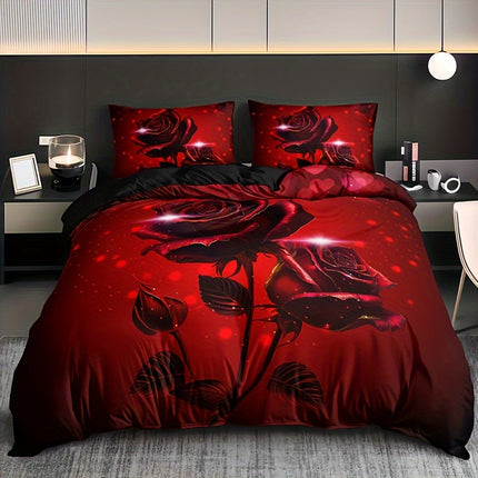 3pcs Red Rose Print Duvet Cover Set - Includes 1 Duvet Cover & 2 Pillowcases, Breathable Polyester, Machine Washable - Perfect for All Seasons