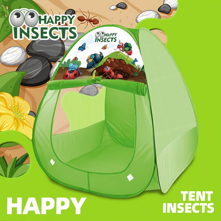 A Geometric Puzzle Tent Shaped Like a Triangle, Featuring a Design with Green Grass And Insects. It Is Washable, Foldable, And Made with a Steel Frame And Polyester Fabric, Suitable for Both Boys And Girls.