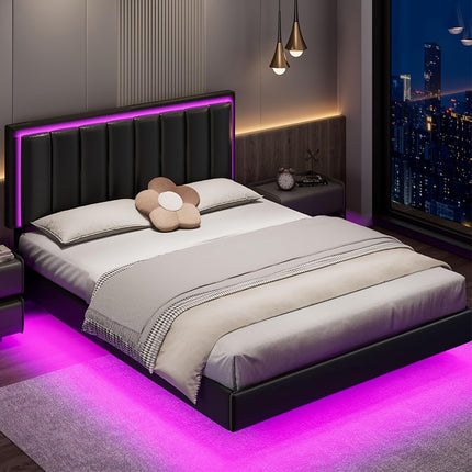 Floating Bed Frame with RGB LED Lights | Upholstered Headboard, Solid Wood Slats Support, No Box Spring Needed,