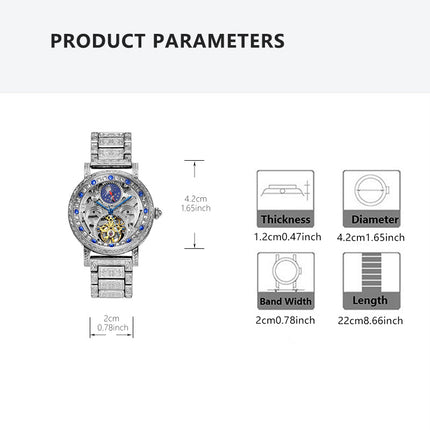 Men's Silvery Blue Steel Strip Fashion Style Versatile Sun Moon Precision Carving Fully Automatic
