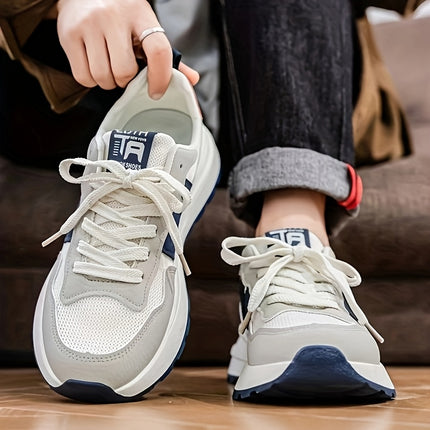 Men's Low-Top Sneakers - White/Blue/Red Accent Color Scheme, Lace-Up Closure