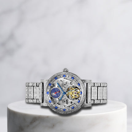 Men's Silvery Blue Steel Strip Fashion Style Versatile Sun Moon Precision Carving Fully Automatic