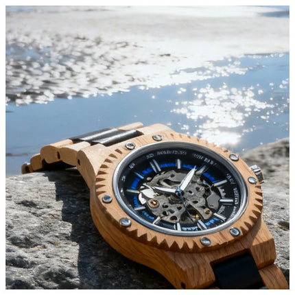 Automatic Skeleton Watch in Olive Wood - Men's Gift