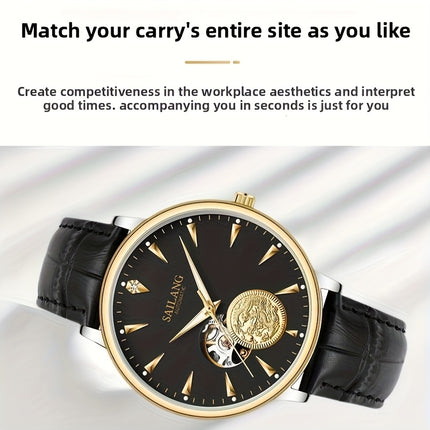 Men'S Sailing Hollow Mechanical Watch with Moon Phase & Calendar - Elegant Black Dial, Golden-Tone Accents