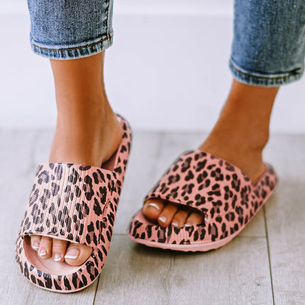 Pink Leopard Print Thick Sole Slip On Slippers