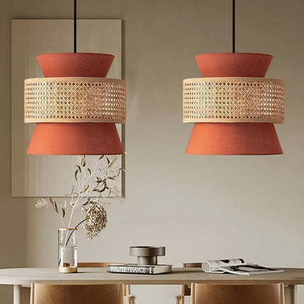 Vintage Rattan Woven Chandelier with Rattan And Fabric Lampshade,