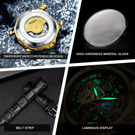 Men'S Luxury Mechanical Watch | Business Style, Mixed Color, Rhinestone Inlay, Transparent Bottom Cover,