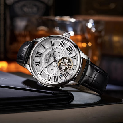 Men'S Automatic Mechanical Watch with Hollow Dial, Roman Numerals, and Calendar Self-Winding