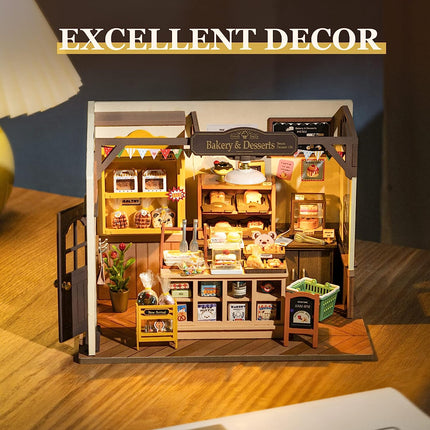 Rolife Mini Home DIY Assembly Model, Becca's Bakery, 3D Puzzle Toy, 256-piece Wooden Model With LED Lights, Creative Home Decor And Adult Gift