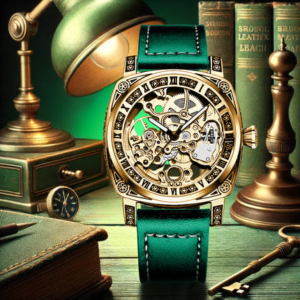 1pc Men'S Luxury Mechanical Watch with Green PU Strap - Automatic Winding Movement