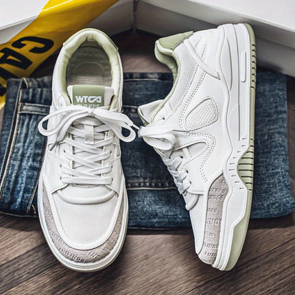 Men's All-Season Sneakers - White & Turquoise Accent Lace-Up Shoes, Non-Slip Rubber Sole,