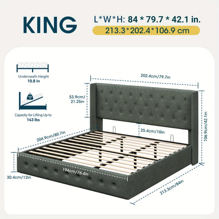 Storage Bed, Modern Wingback Upholstered Headboard, Hydraulic Platform Bed, Wooden