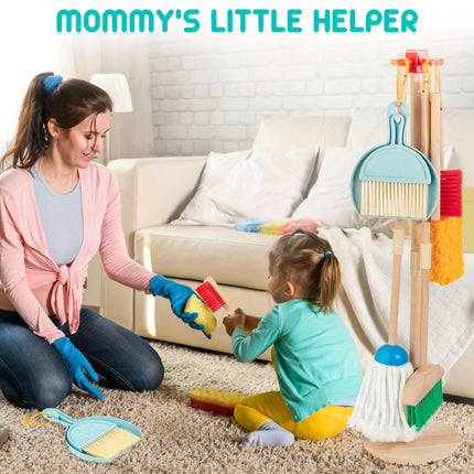 8pcs Wooden Housekeeping Pretend Play Set for Kids, Extended Mop&Broom