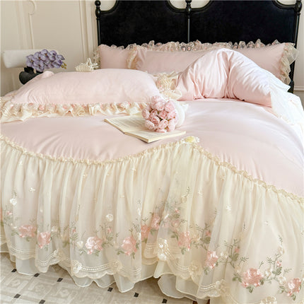 Skin-friendly Cotton Chiffon Lace Embroidery Four-piece Of Bed Skirt