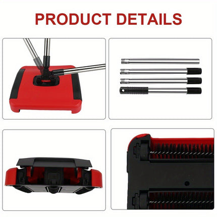 Manual Carpet Cleaner Brush, 3 Rolling Brushes Floor Sweeper Carpet Brush with Wheels