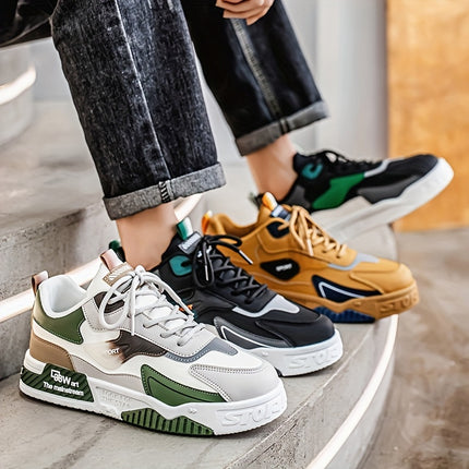 1 Pair of Men's Color-Block Casual Lace-Up Skate Shoes, Fashionable and Versatile