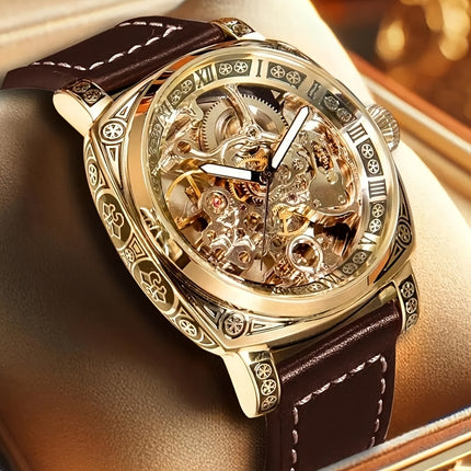 1pc Teen Men'S Yellow Black PU Belt Retro Style Noble Carved Hollow Tourbillon Mechanical Watch,