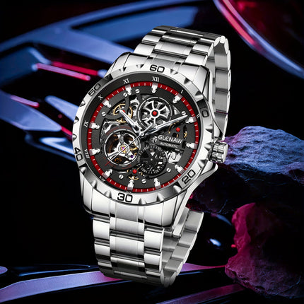 GLENAW Men'S Skeleton Automatic Watch - Stainless Steel Band, Flywheel Movement With Date Display