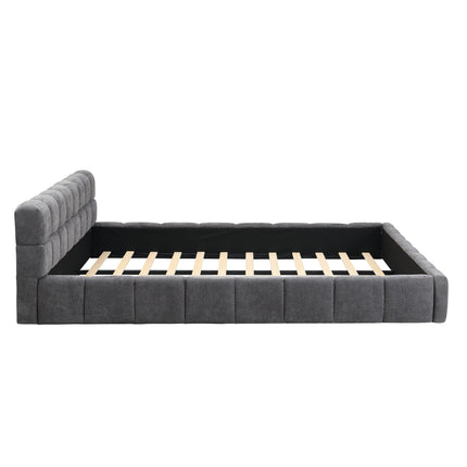 King Size Elegant Soft Chenille Upholstered Bed with Checkerboard Headboard - Frame Bed