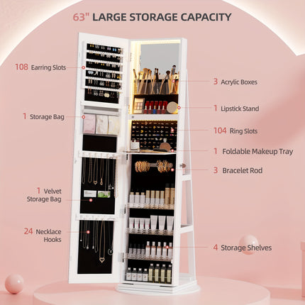 360° Rotating Jewelry Armoire with Lights, Lockable Mirror Jewelry Cabinet,