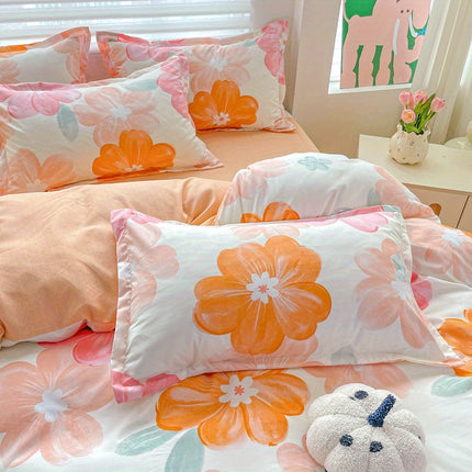 3pcs Soft & Comfortable Floral Bedding Set - Vibrant Orange & Pink Flowers, Machine Washable Polyester,