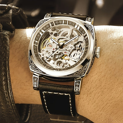 1pc Teen Men'S Yellow Black PU Belt Retro Style Noble Carved Hollow Tourbillon Mechanical Watch,