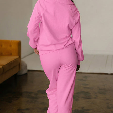 Bright Pink Polo Collar V Neck Pullover and Drawstring Sweatpants Set