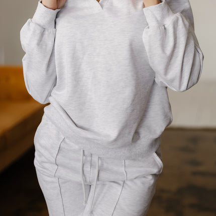 Light Grey Polo Collar V Neck Pullover and Drawstring Sweatpants Set