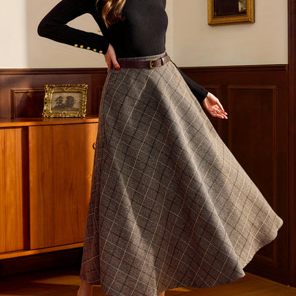 Vintage Elegant Women's Skirt with Pockets, Plaid Belt, Casual Commuting Vacation Skirt