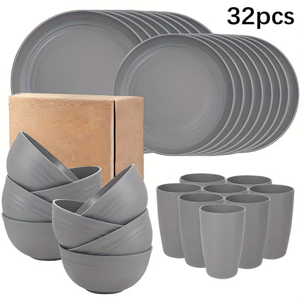 4/16/32pcs Plastic Cutlery Set for Kitchen, Includes Dinner Plates, Dessert Plates, Bowls, and Cups,