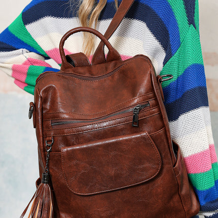 Dark Brown Tassel Decor Retro PU Large Capacity Backpack
