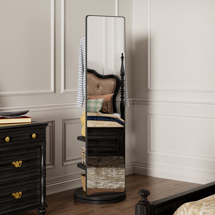 360° Rotating 66'x17.8' Multifunctional Full Length Mirror with Hook Storage Rack Coat Rack with Mirror Solid Wood Floor Mirror Bedroom Living Room Cloakroom Space Saving(black)