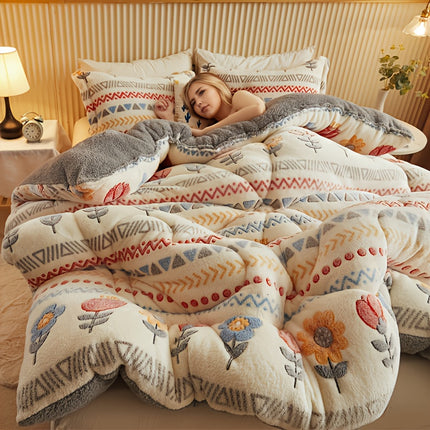 Winter Velvet Thick Quilt: with Bohemian Floral And Geometric Patterns,