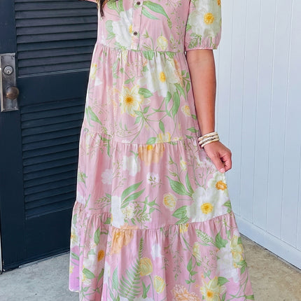Pink Floral Print Short Puff Sleeve High Waist Tiered Maxi Dress