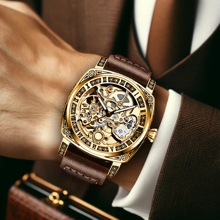 1pc Men'S Yellow Brown PU Belt Street Rascal Handsome Carved Tourbillon Fully Automatic
