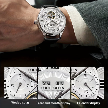 Men'S Automatic Mechanical Watch with Hollow Dial, Roman Numerals, and Calendar Self-Winding