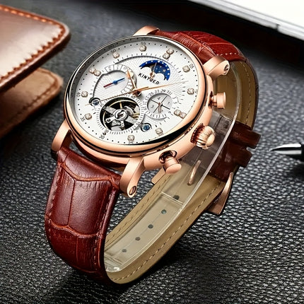 [KINYUED] Men'S Automatic Winding Mechanical Watch with Moon And Stars Multi-Function Wristwatch,
