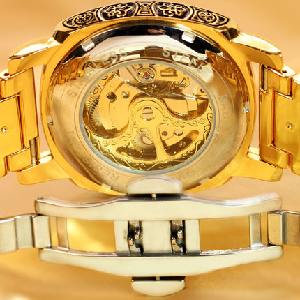 1pc Men'S Black and Yellow Steel Strip Party Style Exquisite Carving Fully Automatic Ancient Roman Mechanical Watch