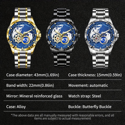 Men's Automatic Watch, Rotating Little Earth Blue Dial Men's Mechanical Watch Steel Strap Stopwatch