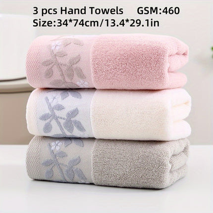 3-Pack Luxurious Cotton Hand Towels, 34.04 x 73.91 cm, 460 GSM, Modern Leaf Pattern
