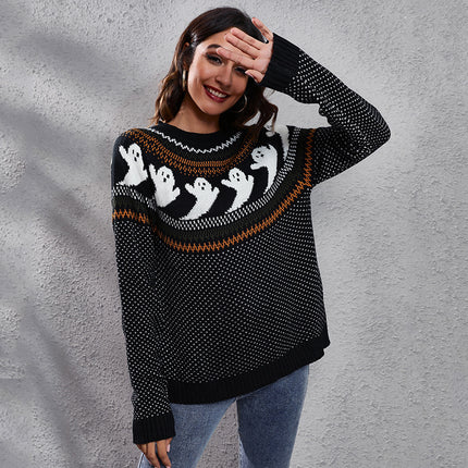 Halloween Cartoon Ghost Polka Dot Pullover Sweater