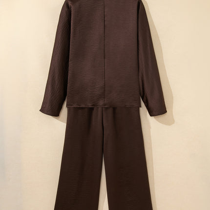 Dark Brown Braided V Neck Long Sleeve Loose Top and Drawstring High Waist Pants 2pcs Outfit