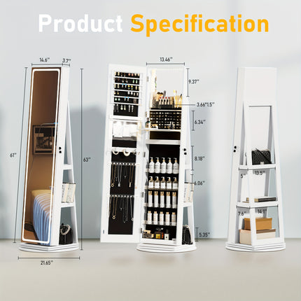Standing LED Mirror Jewelry Cabinet - Lockable Jewelry Armoire with Full-Length
