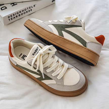 Men's Retro Skate Shoes - Low-Top Lace-Up Sneakers in Black/White/Beige colorblock
