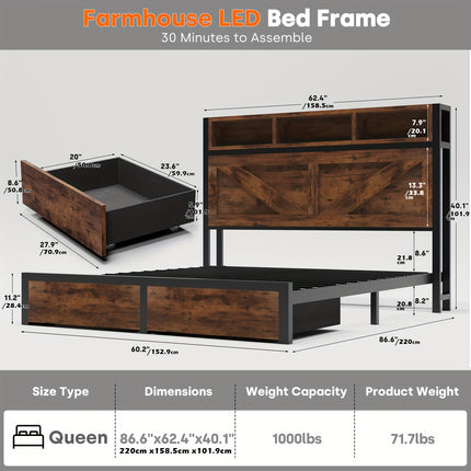 Modern Farmhouse Bed Frame with Storage Headboard