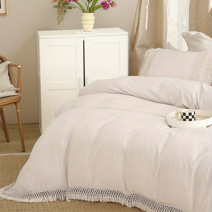 Beige Tassel Bedding Set 3pcs Quilt Cover Boho Solid Duvet Cover Set Burnt Orange Tassel Design with 50x75cm